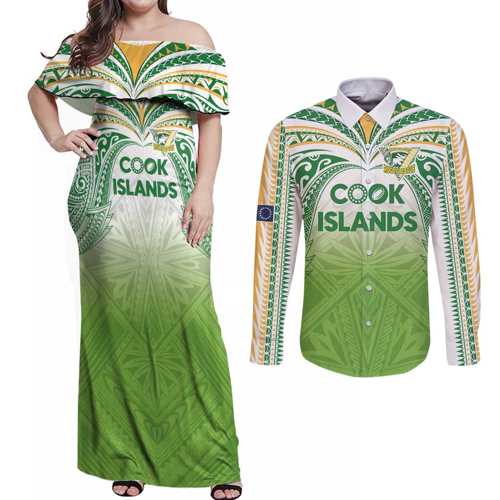 Custom Cook Islands Rugby League Couples Matching Off Shoulder Maxi Dress and Long Sleeve Button Shirt Tatau Tribal Motifs-Light Green Color - Polynesian Pride
