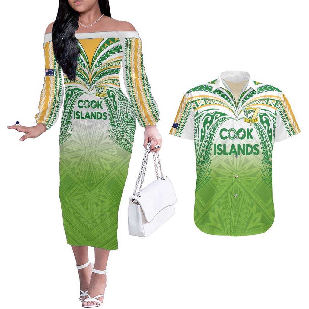 Custom Cook Islands Rugby League Couples Matching Off The Shoulder Long Sleeve Dress and Hawaiian Shirt Tatau Tribal Motifs-Light Green Color - Polynesian Pride