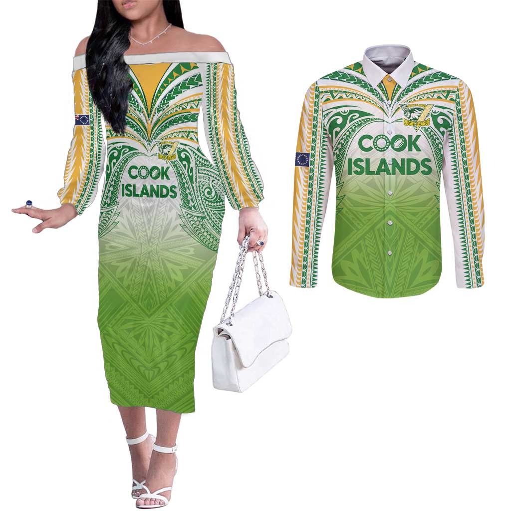 Custom Cook Islands Rugby League Couples Matching Off The Shoulder Long Sleeve Dress and Long Sleeve Button Shirt Tatau Tribal Motifs-Light Green Color - Polynesian Pride