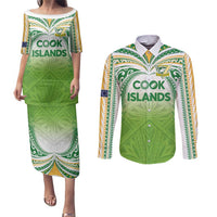 Custom Cook Islands Rugby League Couples Matching Puletasi and Long Sleeve Button Shirt Tatau Tribal Motifs-Light Green Color - Polynesian Pride