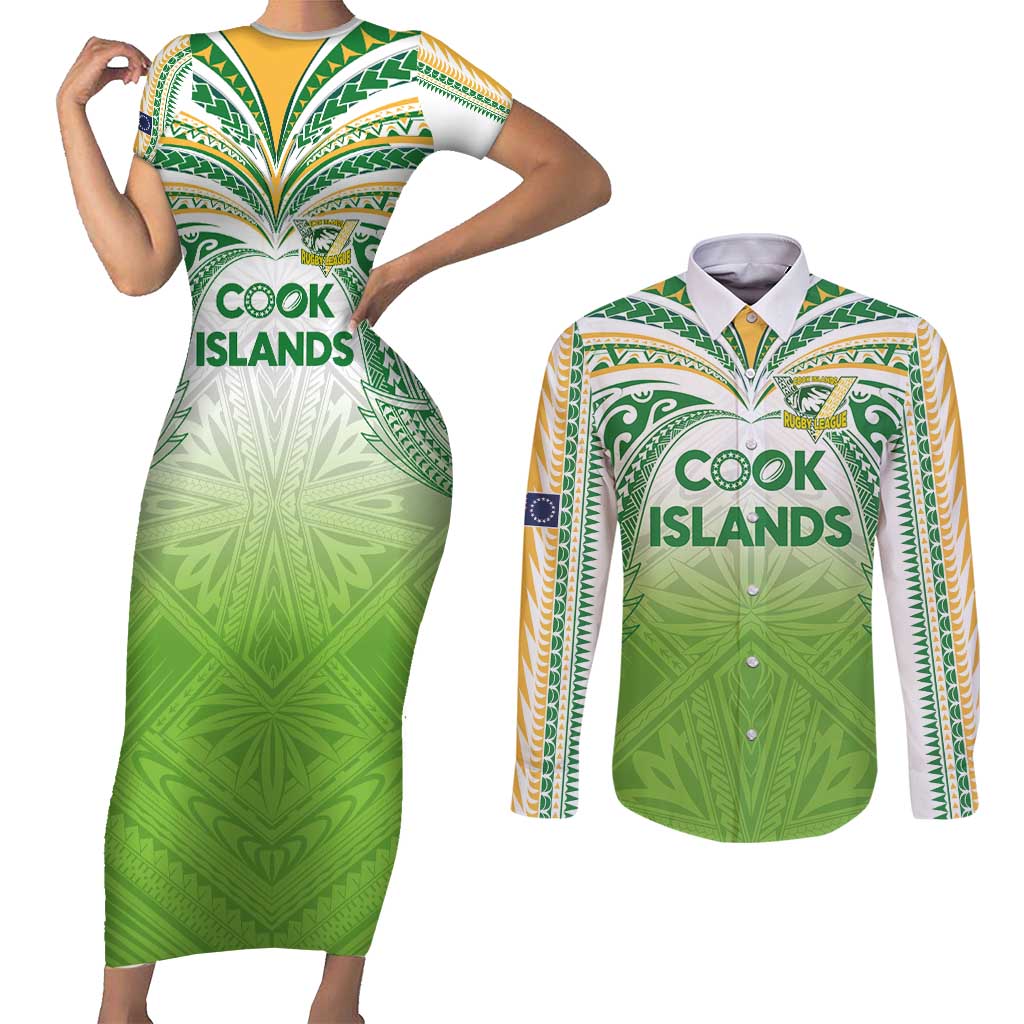 Custom Cook Islands Rugby League Couples Matching Short Sleeve Bodycon Dress and Long Sleeve Button Shirt Tatau Tribal Motifs-Light Green Color - Polynesian Pride
