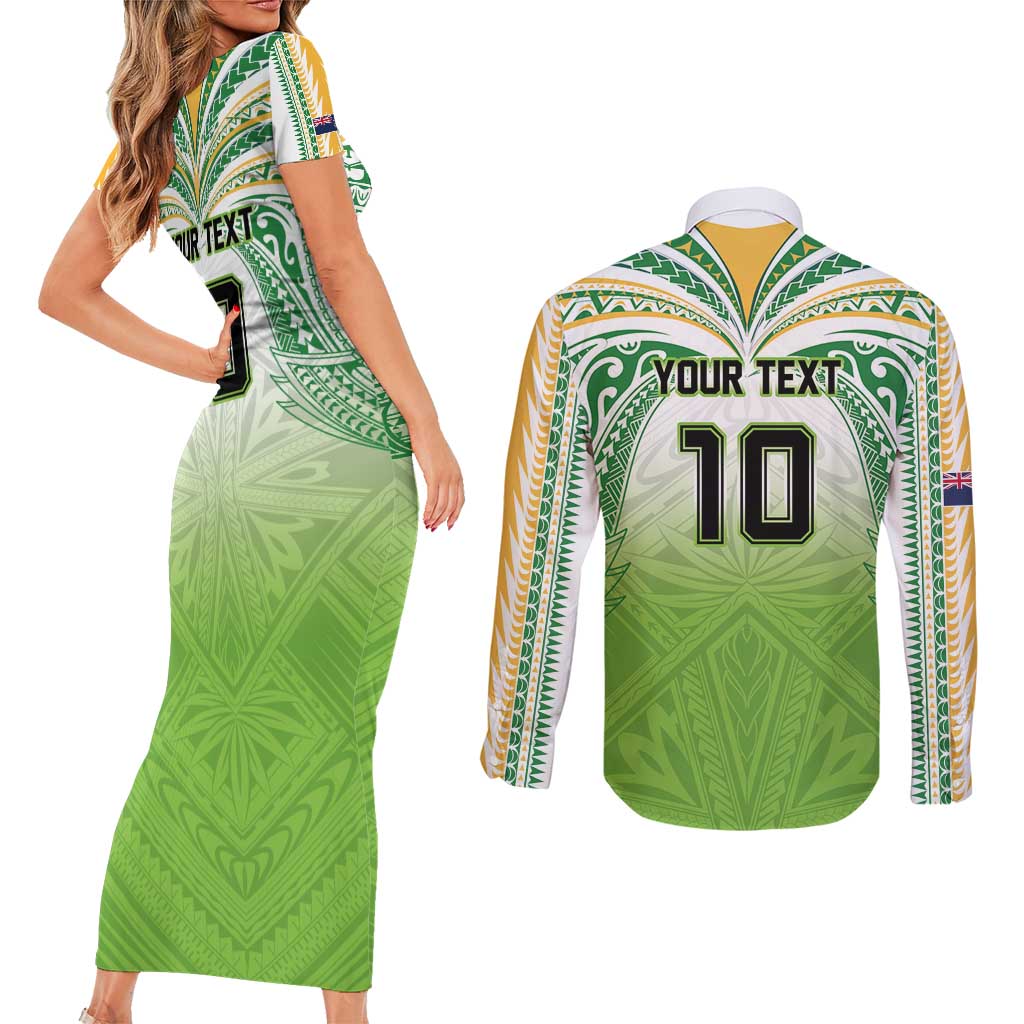 Custom Cook Islands Rugby League Couples Matching Short Sleeve Bodycon Dress and Long Sleeve Button Shirt Tatau Tribal Motifs-Light Green Color - Polynesian Pride