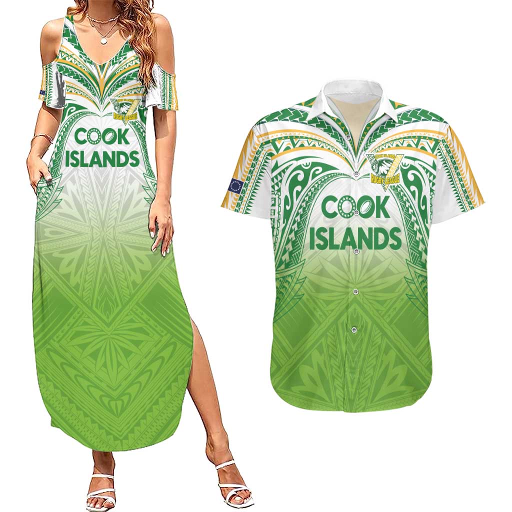Custom Cook Islands Rugby League Couples Matching Summer Maxi Dress and Hawaiian Shirt Tatau Tribal Motifs-Light Green Color - Polynesian Pride