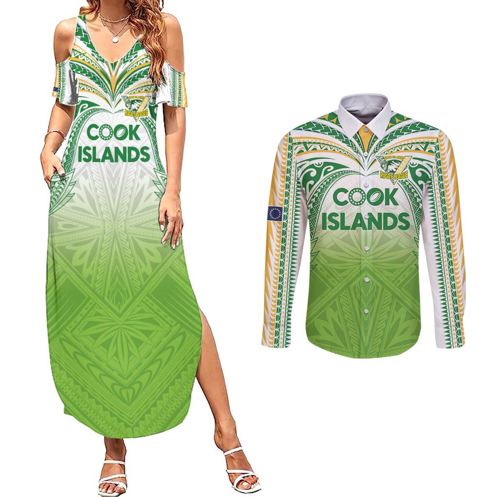 Custom Cook Islands Rugby League Couples Matching Summer Maxi Dress and Long Sleeve Button Shirt Tatau Tribal Motifs-Light Green Color - Polynesian Pride