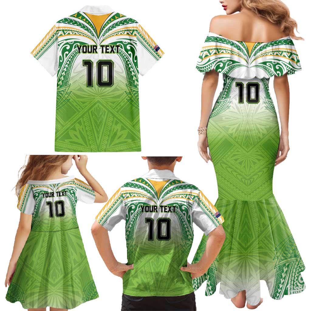 Custom Cook Islands Rugby League Family Matching Mermaid Dress and Hawaiian Shirt Tatau Tribal Motifs-Light Green Color - Polynesian Pride