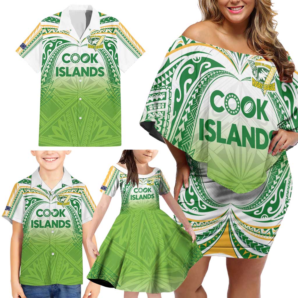 Custom Cook Islands Rugby League Family Matching Off Shoulder Short Dress and Hawaiian Shirt Tatau Tribal Motifs-Light Green Color - Polynesian Pride
