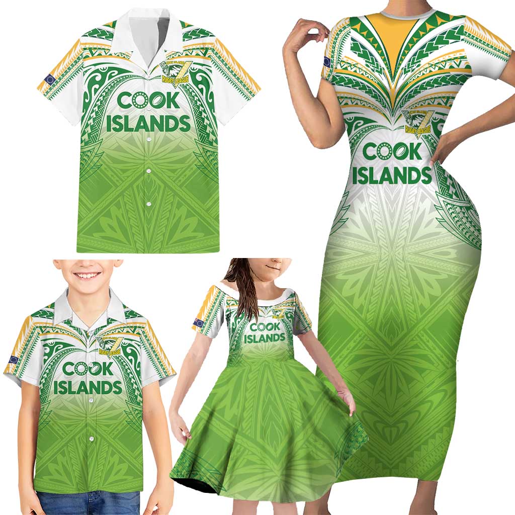 Custom Cook Islands Rugby League Family Matching Short Sleeve Bodycon Dress and Hawaiian Shirt Tatau Tribal Motifs-Light Green Color - Polynesian Pride