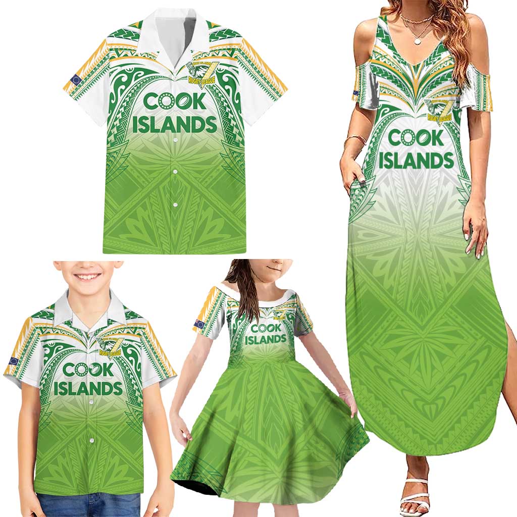 Custom Cook Islands Rugby League Family Matching Summer Maxi Dress and Hawaiian Shirt Tatau Tribal Motifs-Light Green Color - Polynesian Pride