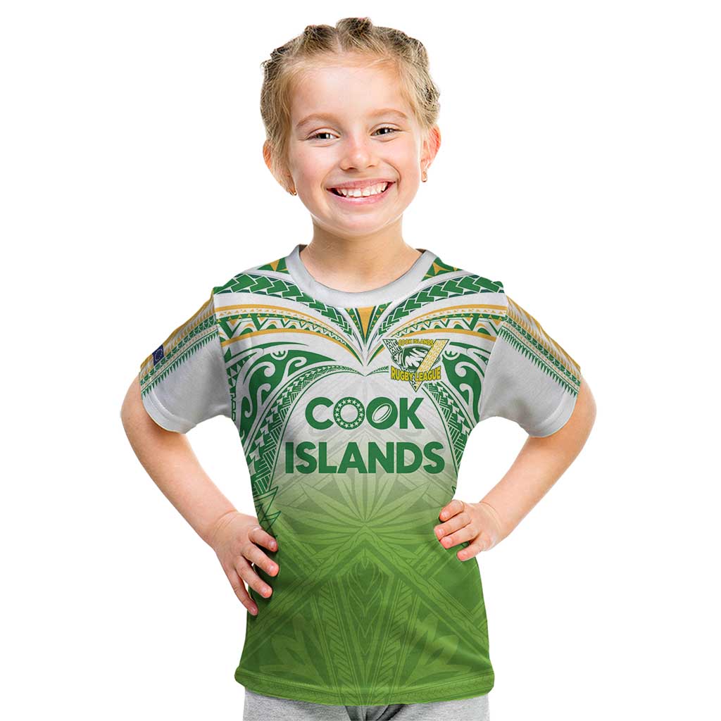 Custom Cook Islands Rugby League Kid T Shirt Tatau Tribal Motifs-Light Green Color - Polynesian Pride