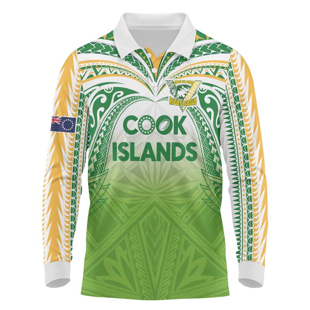 Custom Cook Islands Rugby League Long Sleeve Polo Shirt Tatau Tribal Motifs-Light Green Color - Polynesian Pride