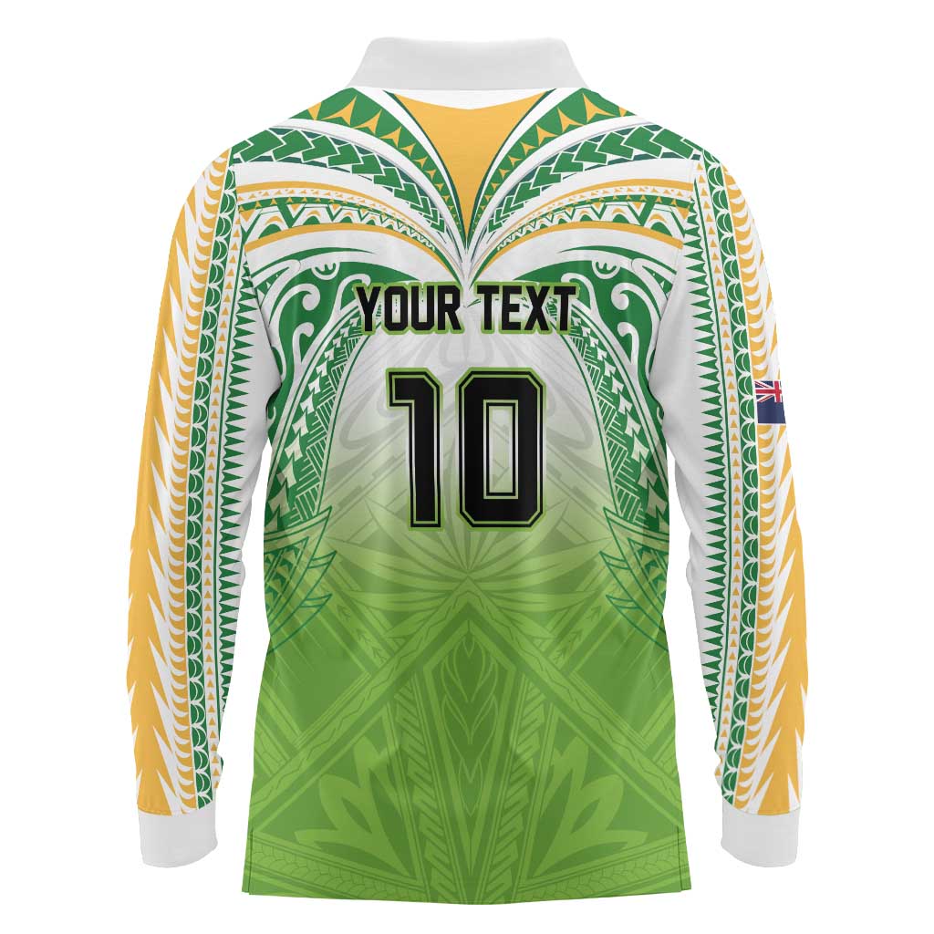 Custom Cook Islands Rugby League Long Sleeve Polo Shirt Tatau Tribal Motifs-Light Green Color - Polynesian Pride