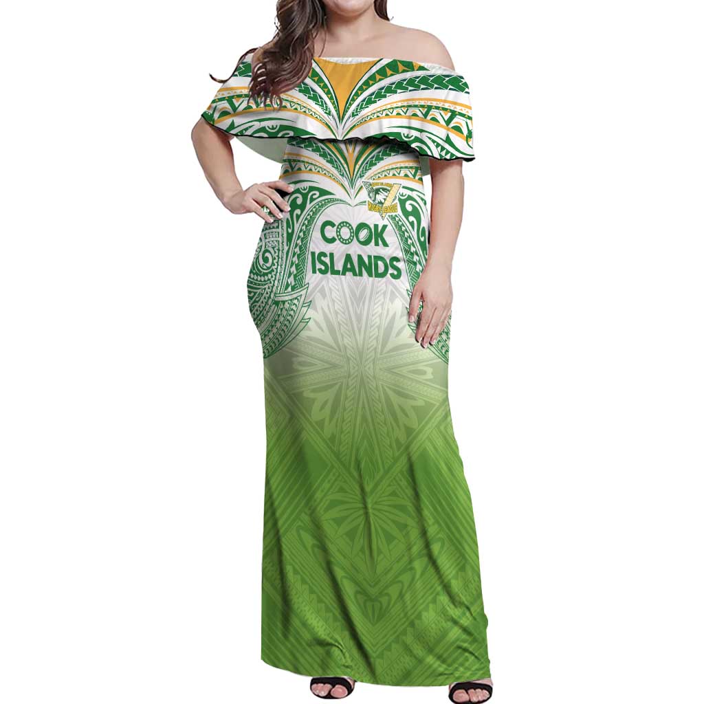Custom Cook Islands Rugby League Off Shoulder Maxi Dress Tatau Tribal Motifs-Light Green Color - Polynesian Pride