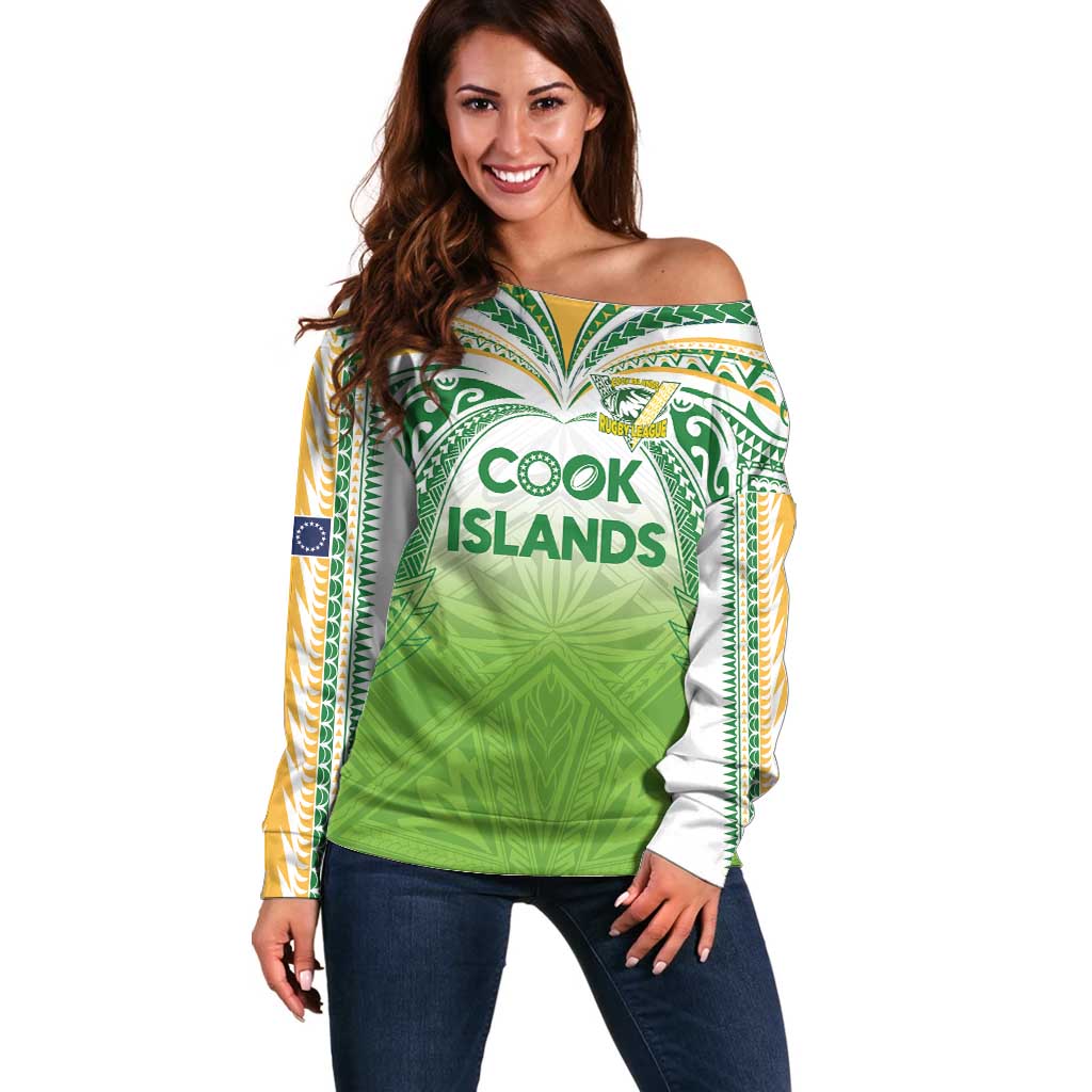 Custom Cook Islands Rugby League Off Shoulder Sweater Tatau Tribal Motifs-Light Green Color - Polynesian Pride