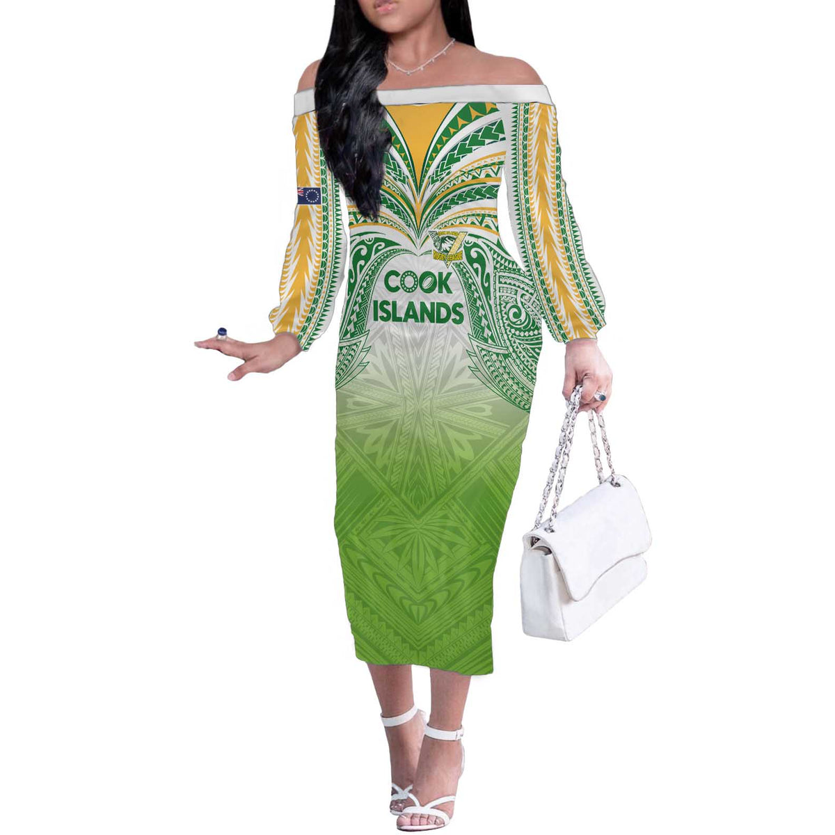 Custom Cook Islands Rugby League Off The Shoulder Long Sleeve Dress Tatau Tribal Motifs-Light Green Color - Polynesian Pride