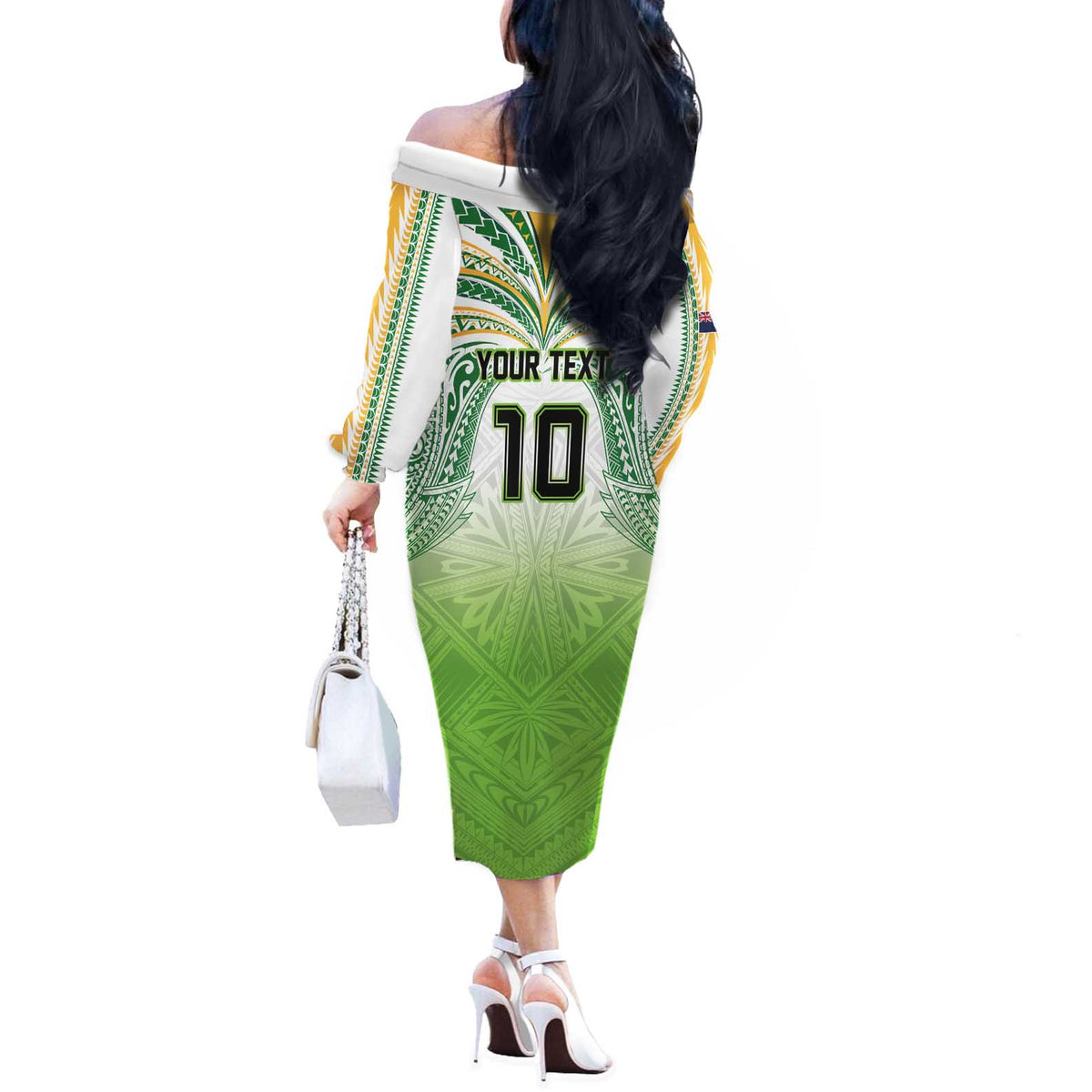 Custom Cook Islands Rugby League Off The Shoulder Long Sleeve Dress Tatau Tribal Motifs-Light Green Color - Polynesian Pride