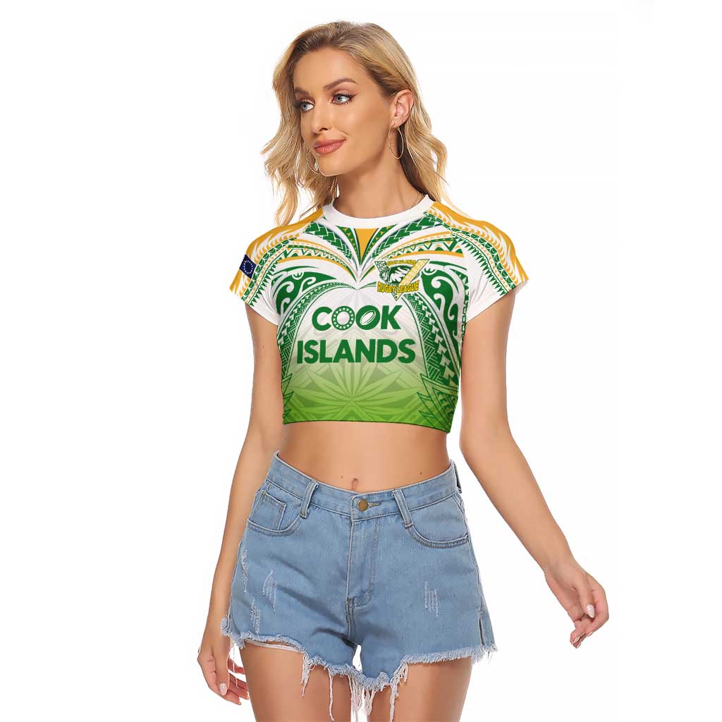 Custom Cook Islands Rugby League Raglan Cropped T Shirt Tatau Tribal Motifs-Light Green Color - Polynesian Pride