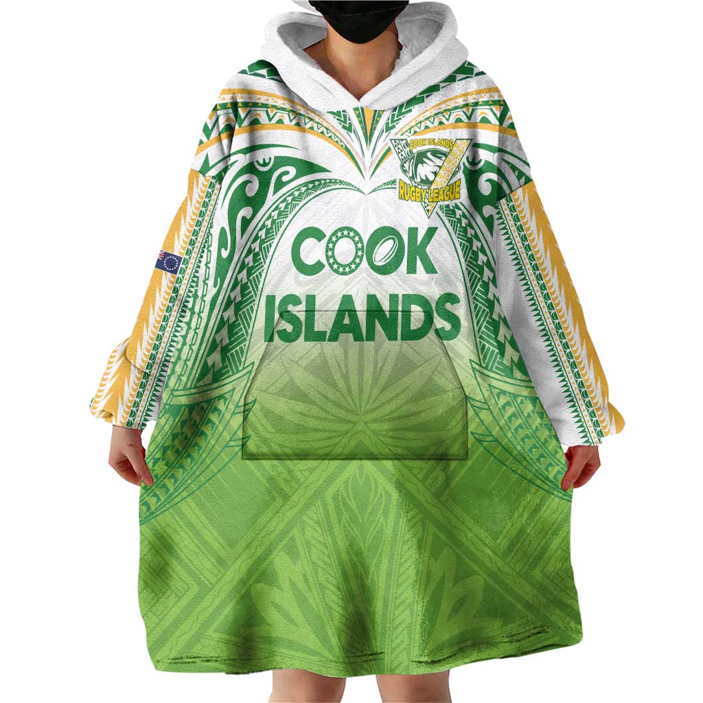 Custom Cook Islands Rugby League Wearable Blanket Hoodie Tatau Tribal Motifs-Light Green Color - Polynesian Pride