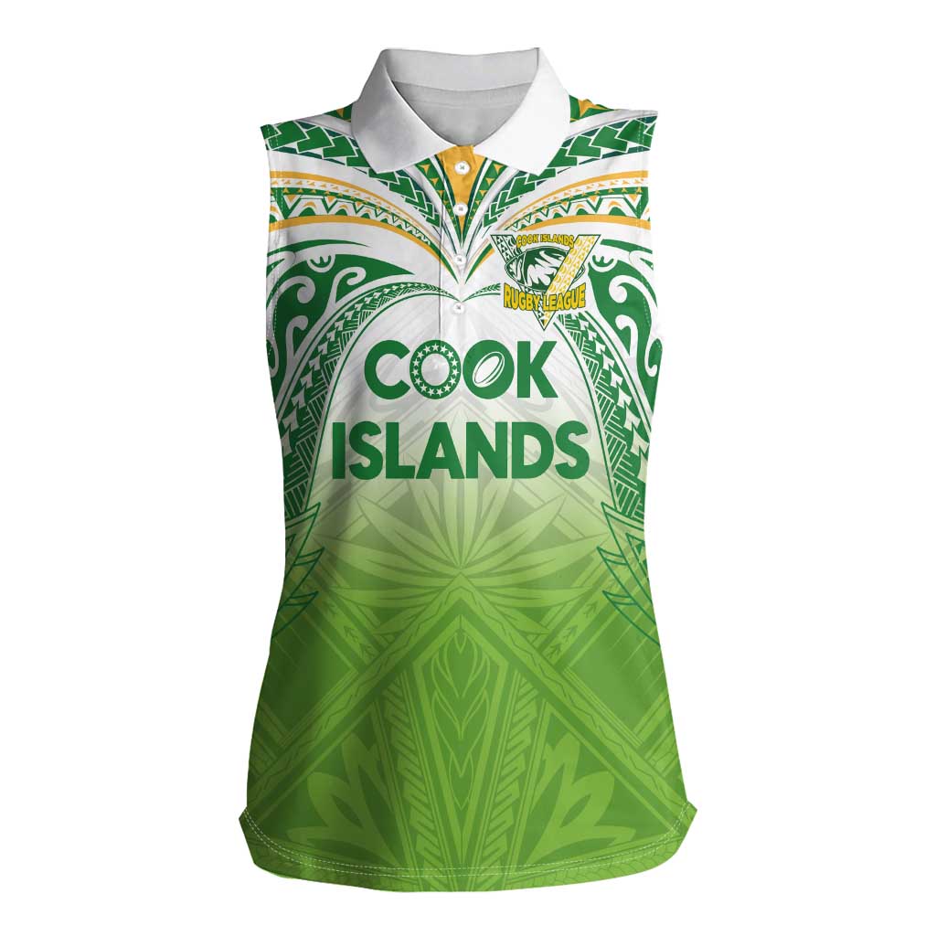 Custom Cook Islands Rugby League Women Sleeveless Polo Shirt Tatau Tribal Motifs-Light Green Color - Polynesian Pride