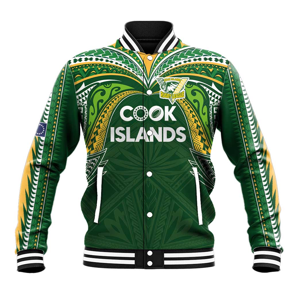 Custom Cook Islands Rugby League Baseball Jacket Tatau Tribal Motifs-Dark Green Color - Polynesian Pride