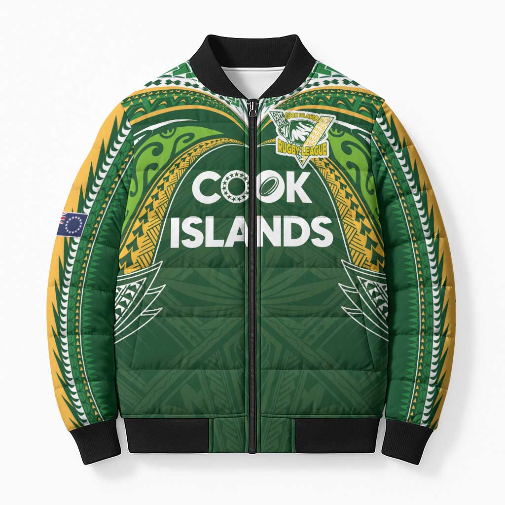 Custom Cook Islands Rugby League Bomber Puffer Jacket Tatau Tribal Motifs-Dark Green Color - Polynesian Pride
