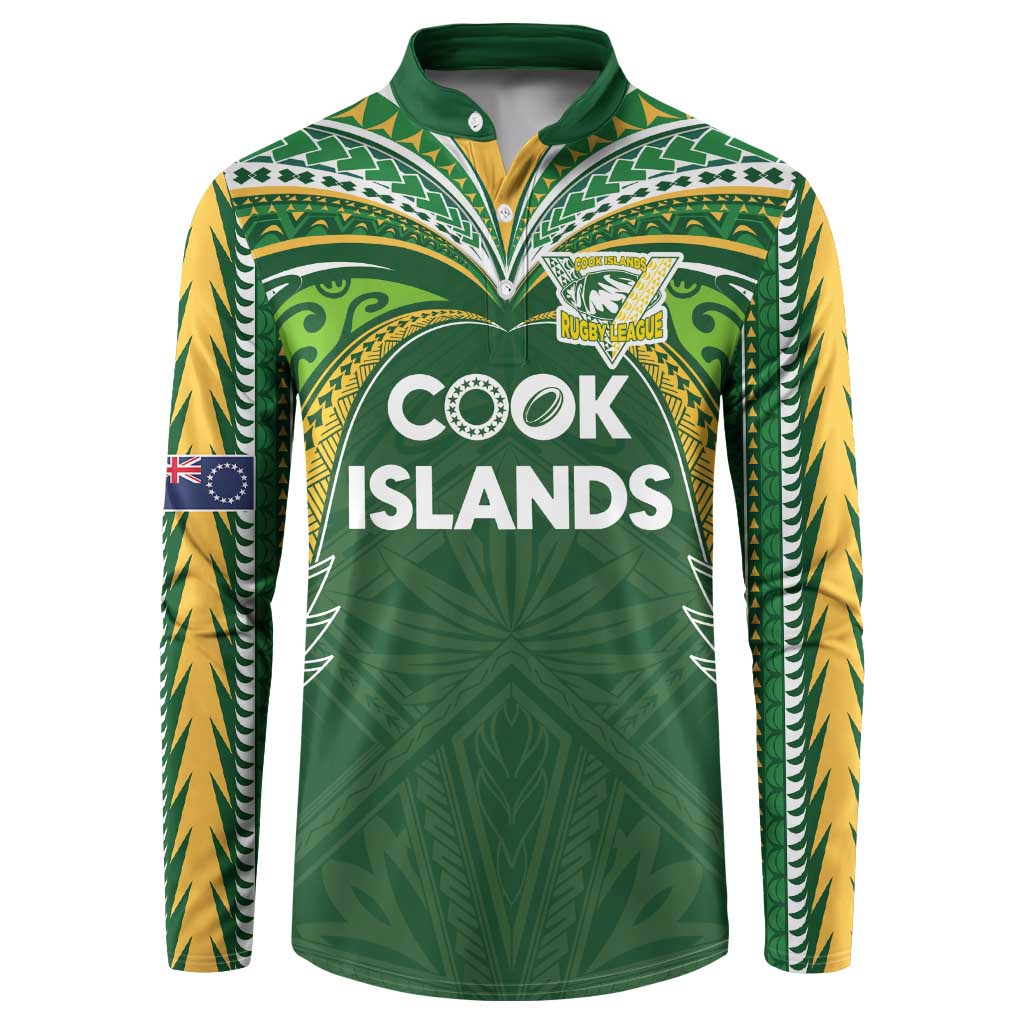 Custom Cook Islands Rugby League Button Sweatshirt Tatau Tribal Motifs-Dark Green Color - Polynesian Pride