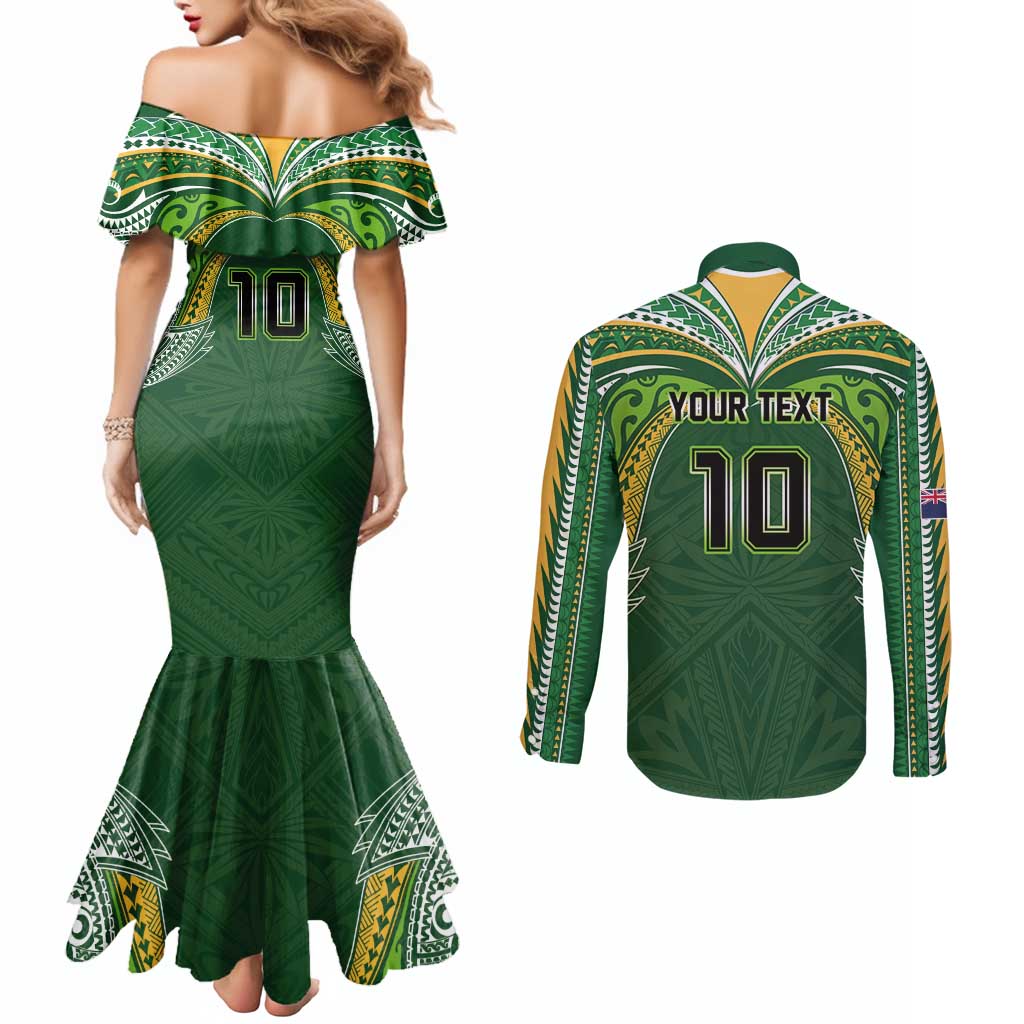 Custom Cook Islands Rugby League Couples Matching Mermaid Dress and Long Sleeve Button Shirt Tatau Tribal Motifs-Dark Green Color - Polynesian Pride