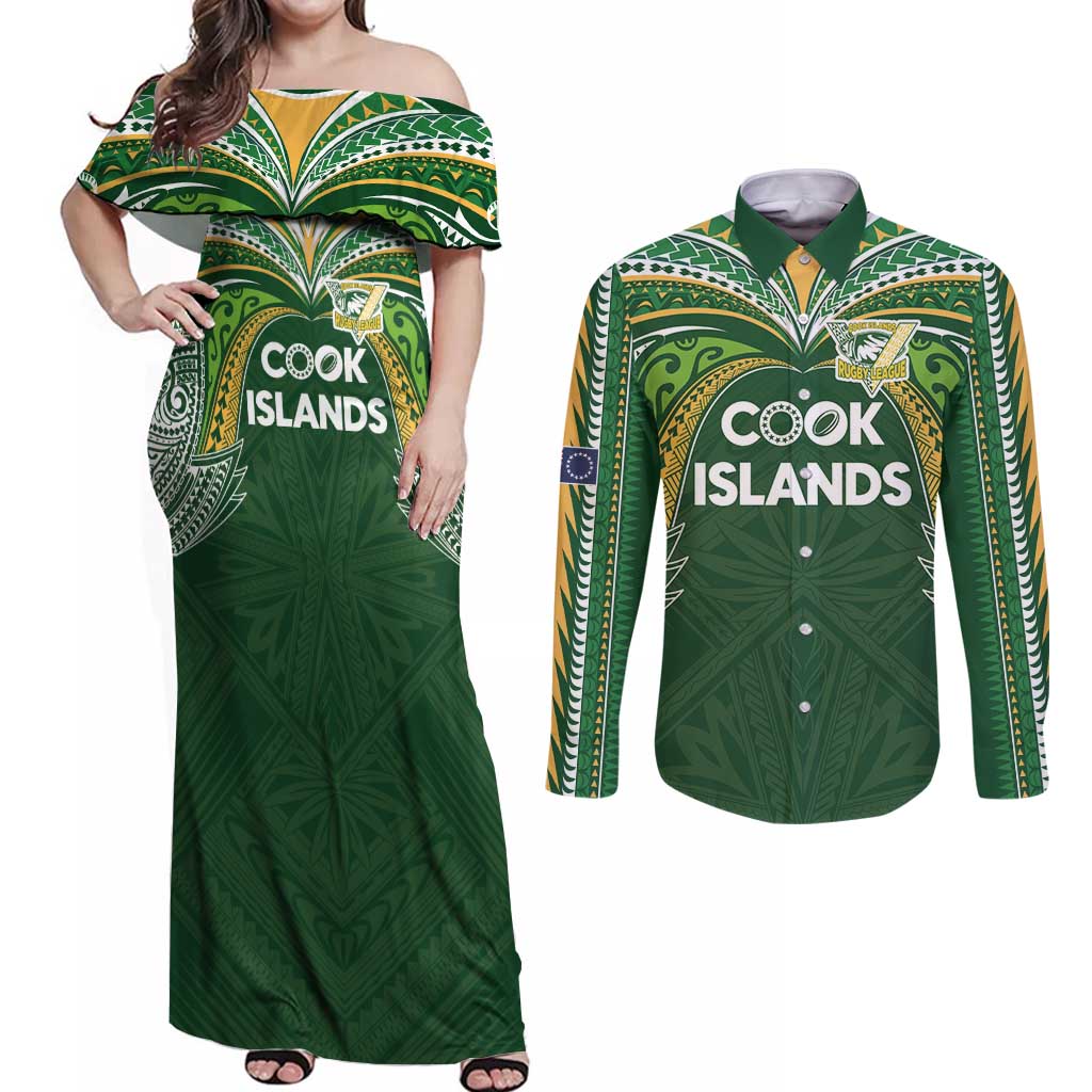 Custom Cook Islands Rugby League Couples Matching Off Shoulder Maxi Dress and Long Sleeve Button Shirt Tatau Tribal Motifs-Dark Green Color - Polynesian Pride