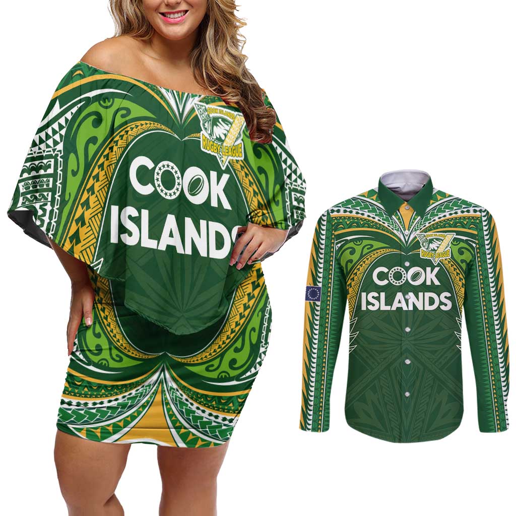 Custom Cook Islands Rugby League Couples Matching Off Shoulder Short Dress and Long Sleeve Button Shirt Tatau Tribal Motifs-Dark Green Color - Polynesian Pride