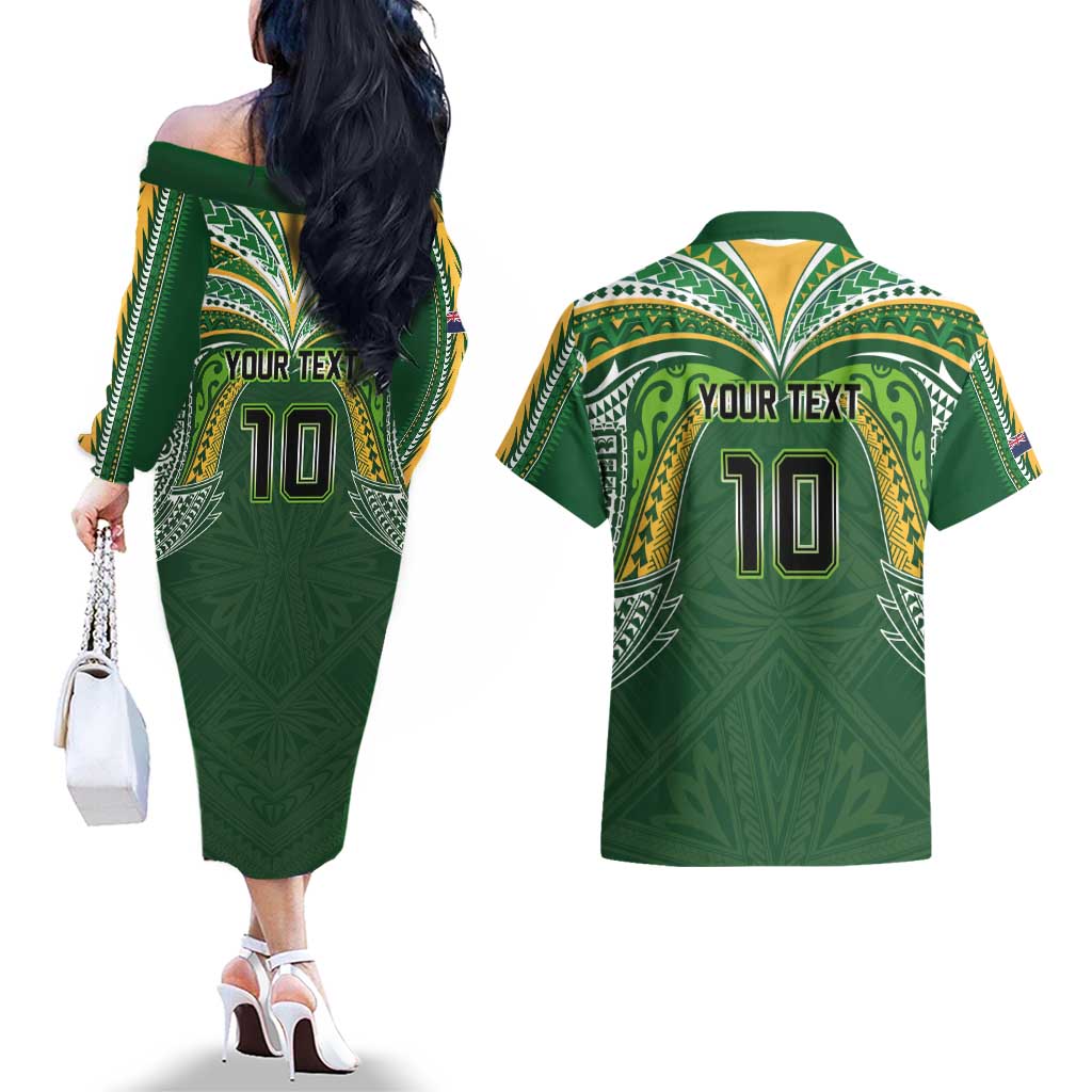 Custom Cook Islands Rugby League Couples Matching Off The Shoulder Long Sleeve Dress and Hawaiian Shirt Tatau Tribal Motifs-Dark Green Color - Polynesian Pride