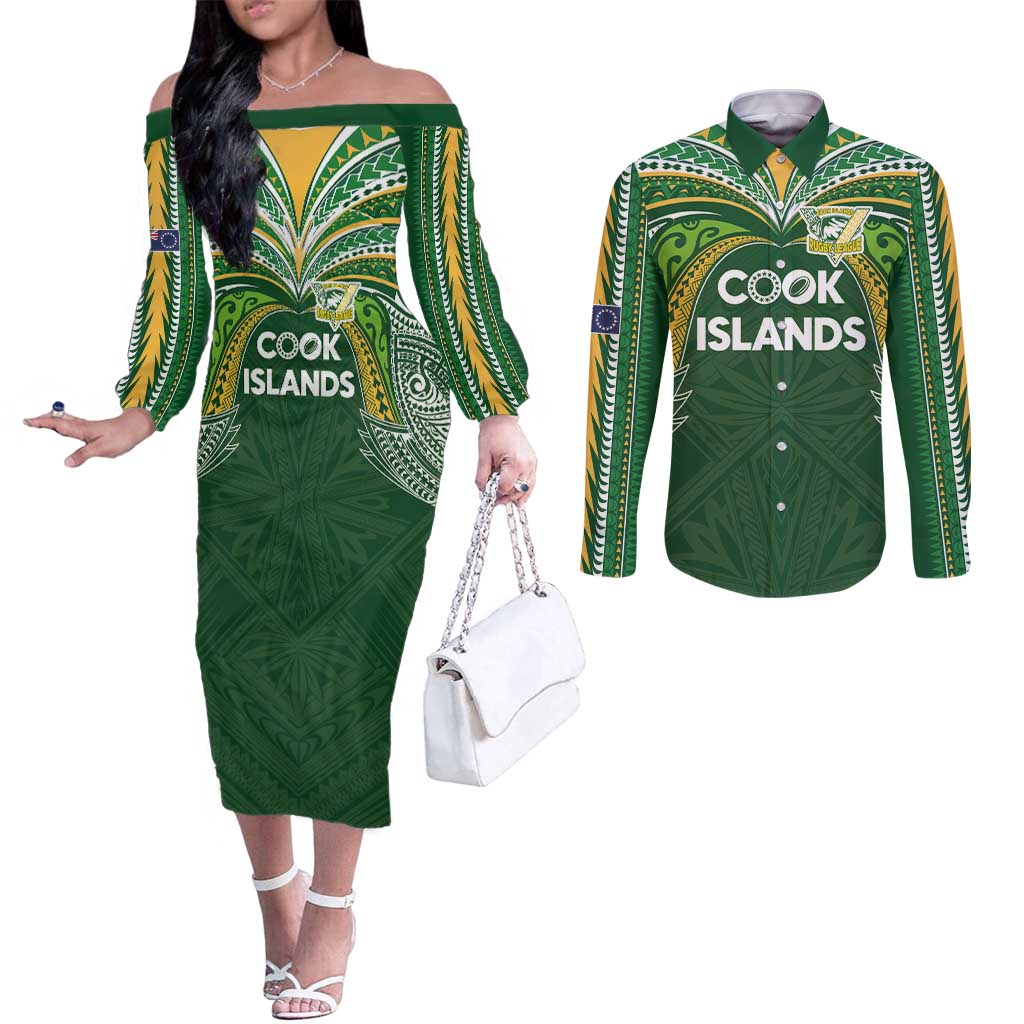 Custom Cook Islands Rugby League Couples Matching Off The Shoulder Long Sleeve Dress and Long Sleeve Button Shirt Tatau Tribal Motifs-Dark Green Color - Polynesian Pride