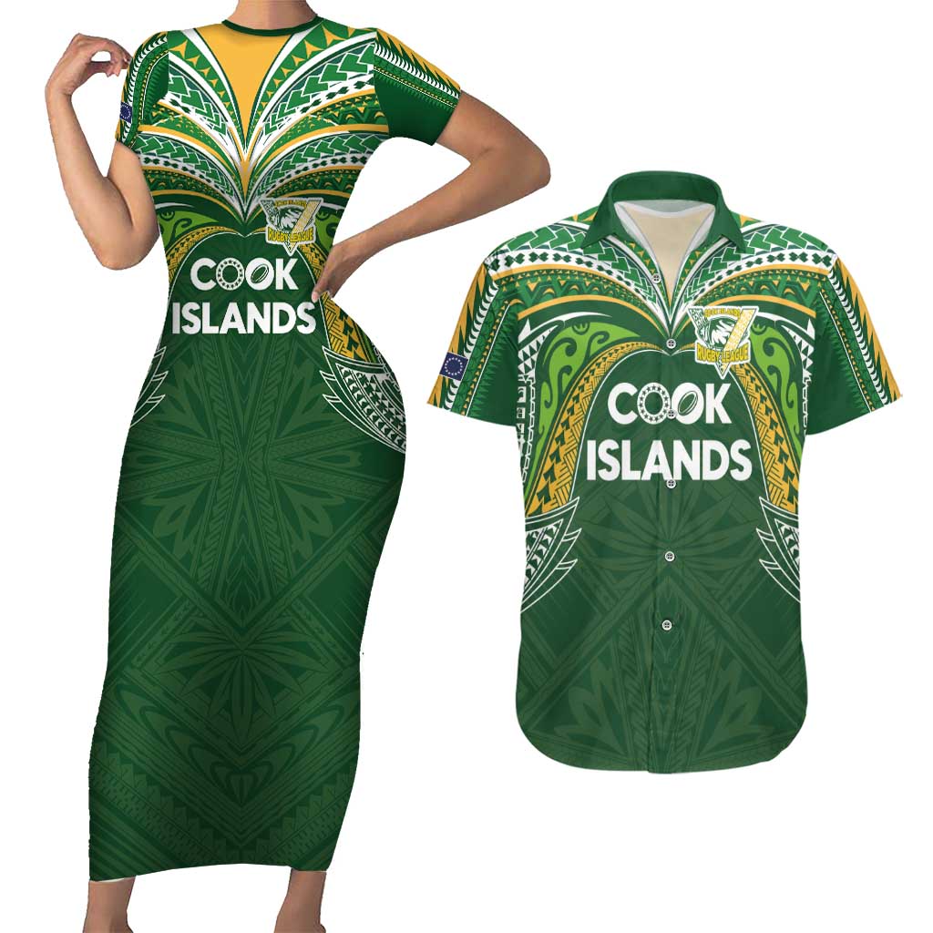 Custom Cook Islands Rugby League Couples Matching Short Sleeve Bodycon Dress and Hawaiian Shirt Tatau Tribal Motifs-Dark Green Color - Polynesian Pride