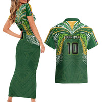 Custom Cook Islands Rugby League Couples Matching Short Sleeve Bodycon Dress and Hawaiian Shirt Tatau Tribal Motifs-Dark Green Color - Polynesian Pride