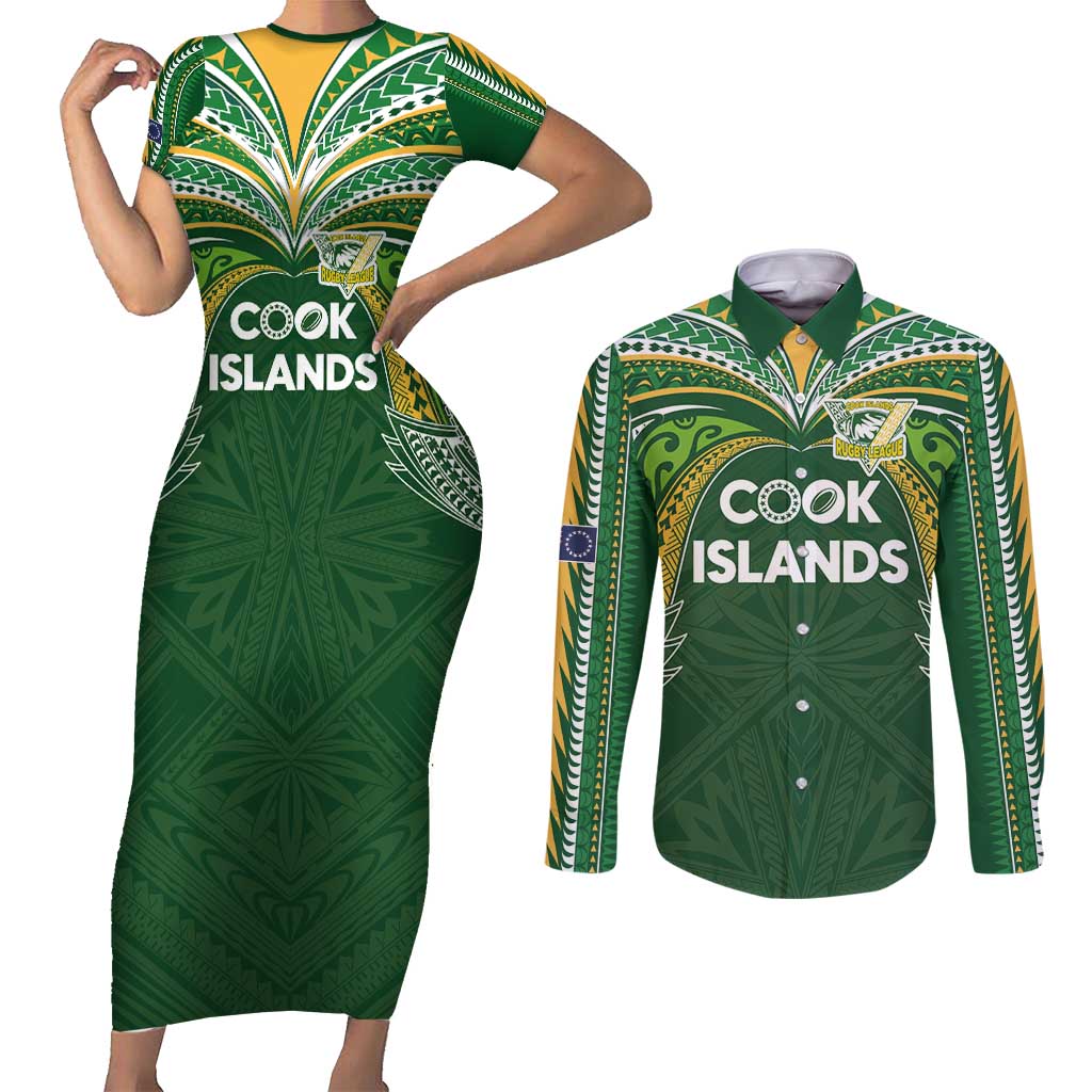 Custom Cook Islands Rugby League Couples Matching Short Sleeve Bodycon Dress and Long Sleeve Button Shirt Tatau Tribal Motifs-Dark Green Color - Polynesian Pride