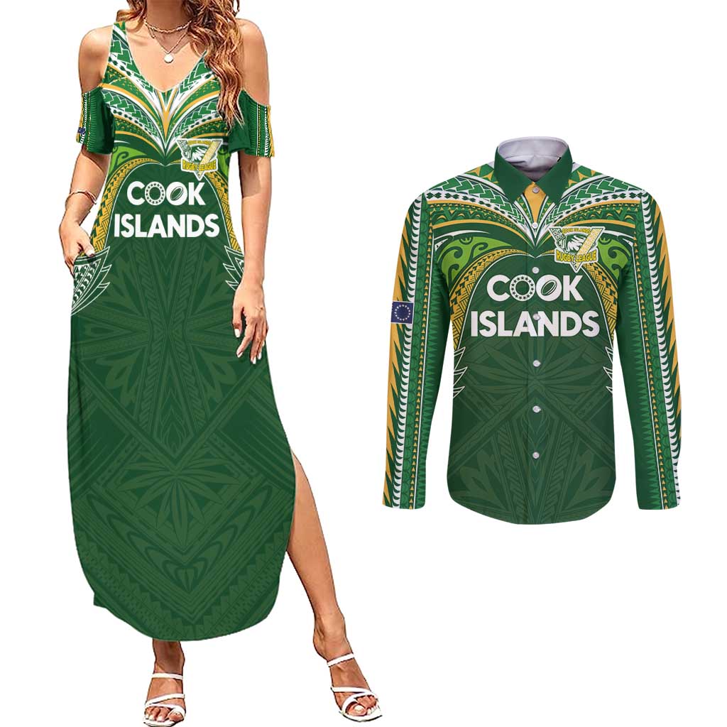 Custom Cook Islands Rugby League Couples Matching Summer Maxi Dress and Long Sleeve Button Shirt Tatau Tribal Motifs-Dark Green Color - Polynesian Pride