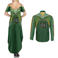 Custom Cook Islands Rugby League Couples Matching Summer Maxi Dress and Long Sleeve Button Shirt Tatau Tribal Motifs-Dark Green Color - Polynesian Pride