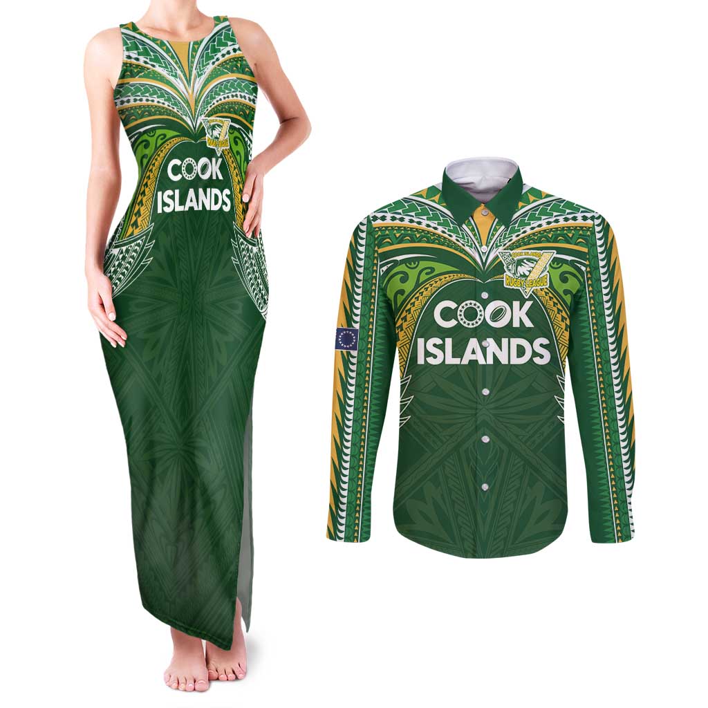 Custom Cook Islands Rugby League Couples Matching Tank Maxi Dress and Long Sleeve Button Shirt Tatau Tribal Motifs-Dark Green Color - Polynesian Pride