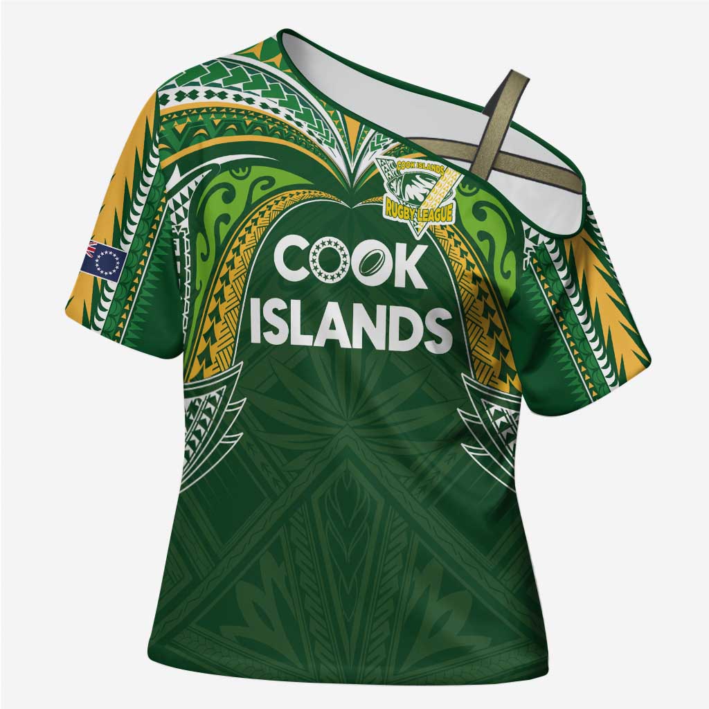 Custom Cook Islands Rugby League Cross Shoulder Shirt Tatau Tribal Motifs-Dark Green Color - Polynesian Pride