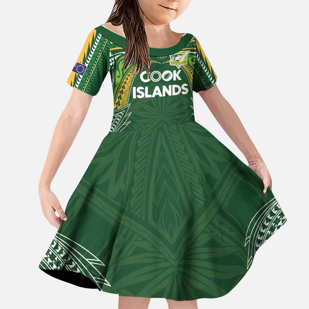 Custom Cook Islands Rugby League Family Matching Mermaid Dress and Hawaiian Shirt Tatau Tribal Motifs-Dark Green Color LT03 Daughter's Dress Green - Polynesian Pride