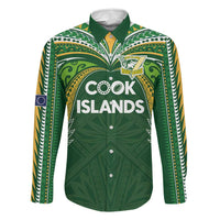Custom Cook Islands Rugby League Family Matching Mermaid Dress and Hawaiian Shirt Tatau Tribal Motifs-Dark Green Color LT03 Dad's Shirt - Long Sleeve Green - Polynesian Pride