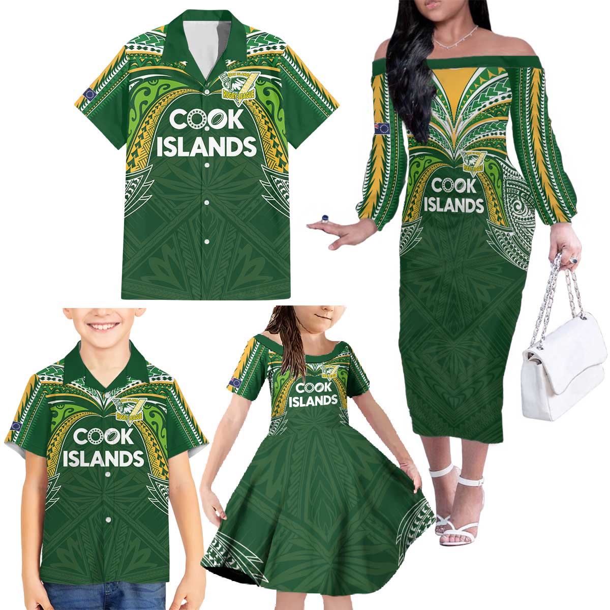 Custom Cook Islands Rugby League Family Matching Off The Shoulder Long Sleeve Dress and Hawaiian Shirt Tatau Tribal Motifs-Dark Green Color - Polynesian Pride