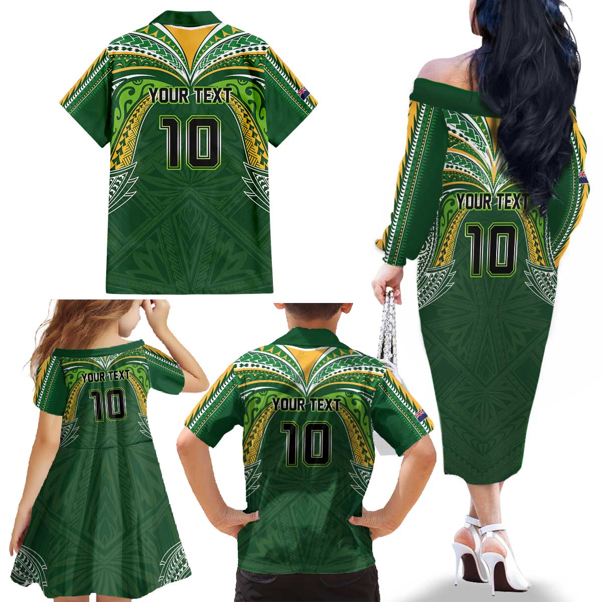 Custom Cook Islands Rugby League Family Matching Off The Shoulder Long Sleeve Dress and Hawaiian Shirt Tatau Tribal Motifs-Dark Green Color - Polynesian Pride