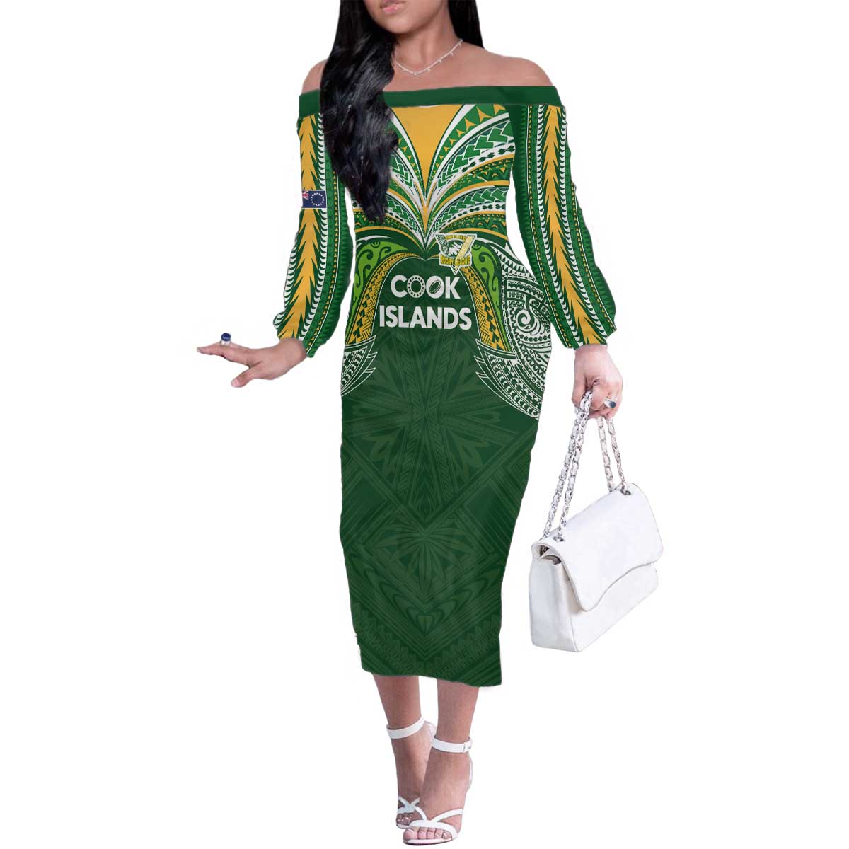 Custom Cook Islands Rugby League Family Matching Off The Shoulder Long Sleeve Dress and Hawaiian Shirt Tatau Tribal Motifs-Dark Green Color - Polynesian Pride