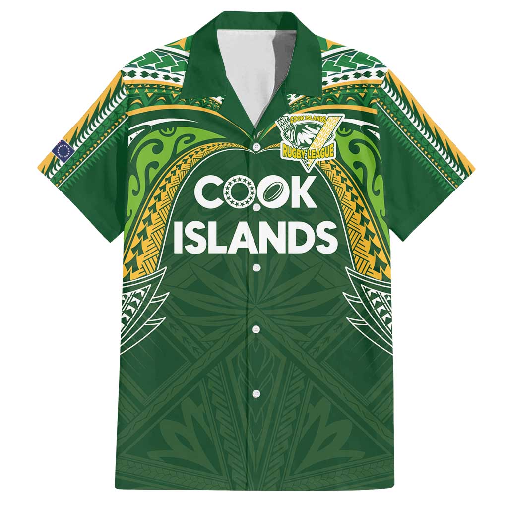 Custom Cook Islands Rugby League Family Matching Off Shoulder Maxi Dress and Hawaiian Shirt Tatau Tribal Motifs-Dark Green Color - Polynesian Pride