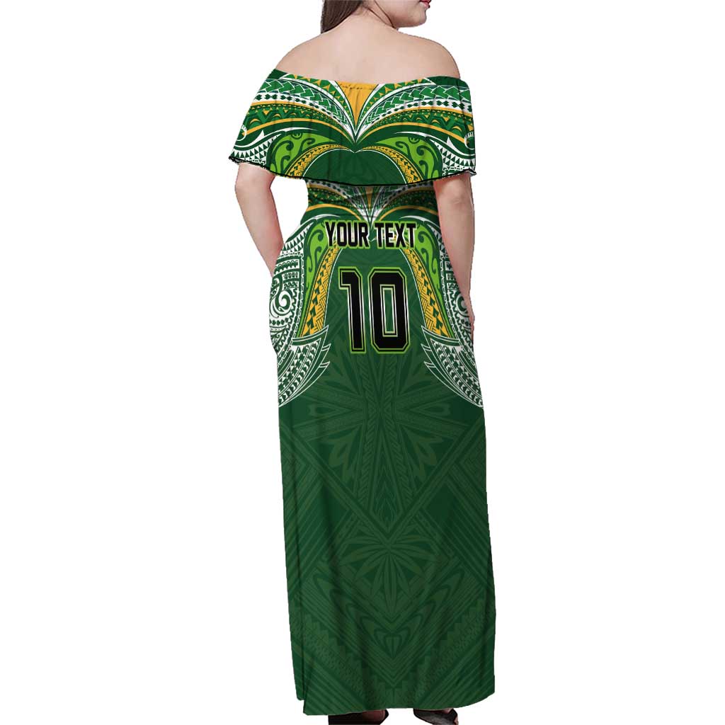 Custom Cook Islands Rugby League Family Matching Off Shoulder Maxi Dress and Hawaiian Shirt Tatau Tribal Motifs-Dark Green Color - Polynesian Pride