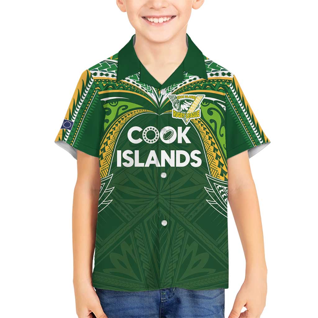 Custom Cook Islands Rugby League Family Matching Off Shoulder Short Dress and Hawaiian Shirt Tatau Tribal Motifs-Dark Green Color - Polynesian Pride