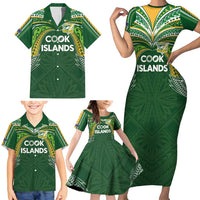 Custom Cook Islands Rugby League Family Matching Short Sleeve Bodycon Dress and Hawaiian Shirt Tatau Tribal Motifs-Dark Green Color - Polynesian Pride