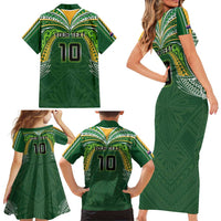 Custom Cook Islands Rugby League Family Matching Short Sleeve Bodycon Dress and Hawaiian Shirt Tatau Tribal Motifs-Dark Green Color - Polynesian Pride