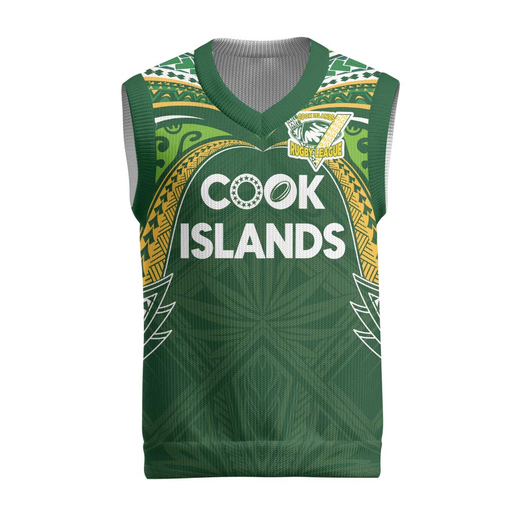 Custom Cook Islands Rugby League Christmas Knitted V-Neck Vest Tatau Tribal Motifs-Dark Green Color - Polynesian Pride