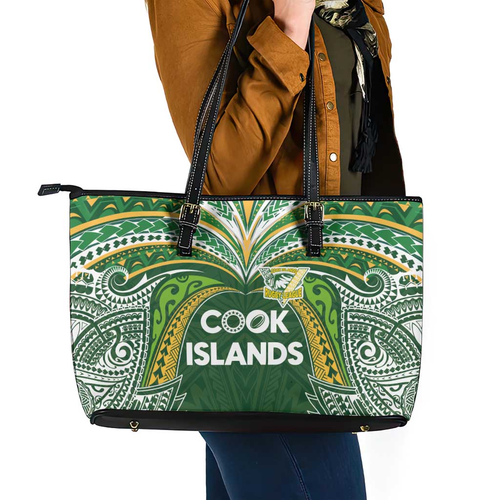 Cook Islands Rugby League Leather Tote Bag Tatau Tribal Motifs-Dark Green Color - Polynesian Pride