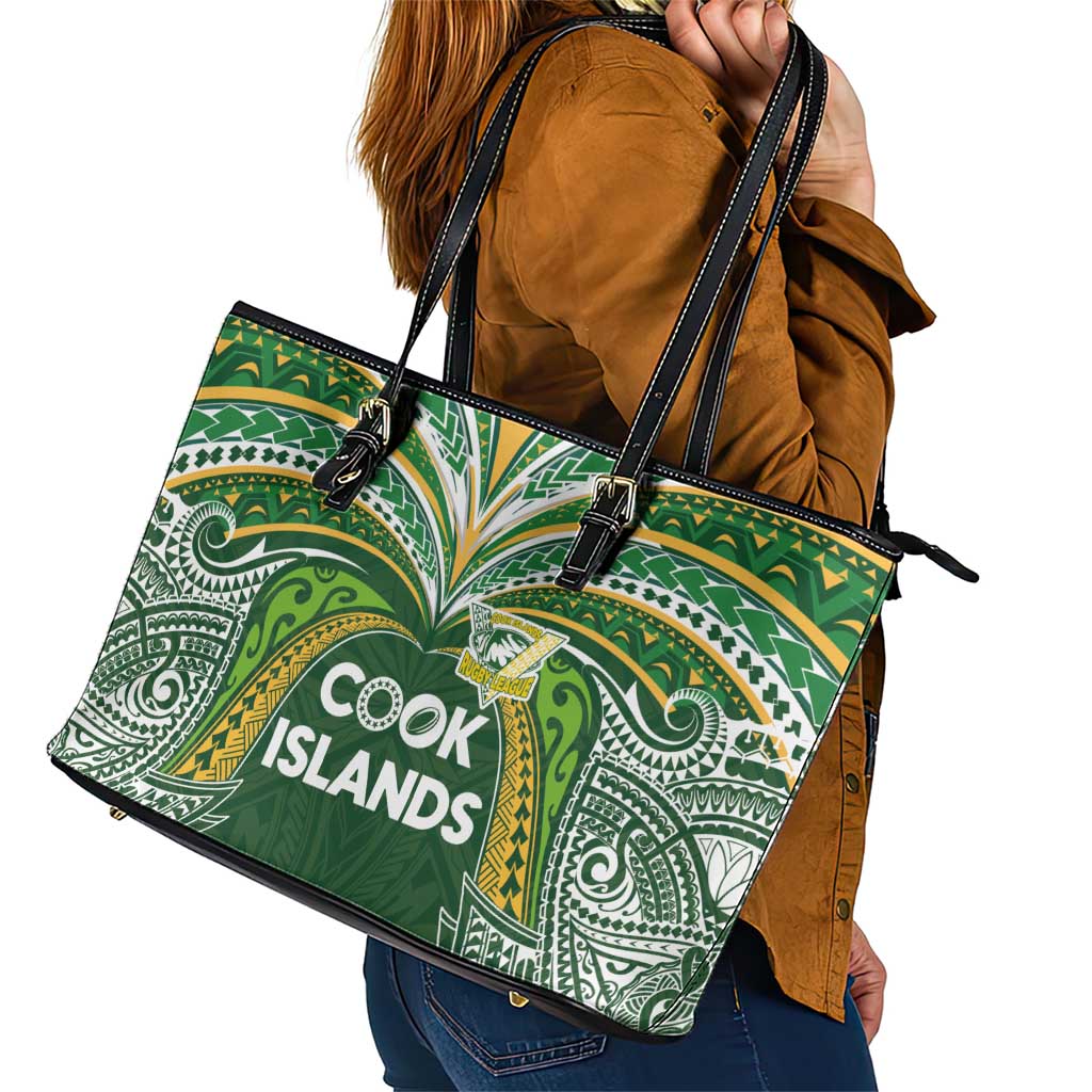 Cook Islands Rugby League Leather Tote Bag Tatau Tribal Motifs-Dark Green Color - Polynesian Pride